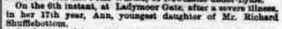 Ann Shufflebotham April1 862 death announcement in local press