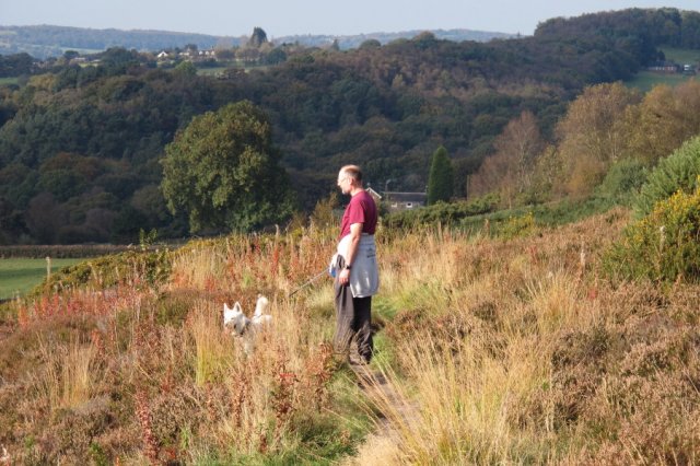 Man and dog standing on heather covered hillside surveying the view