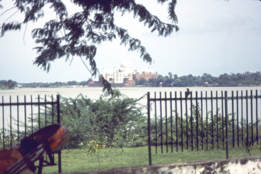 View of the Taj Mahal across bend in the river Jumna