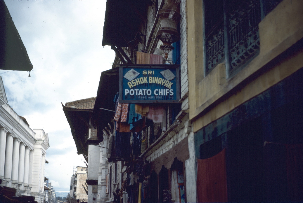 Kathmandu cafe with sign reading Potato Chifs