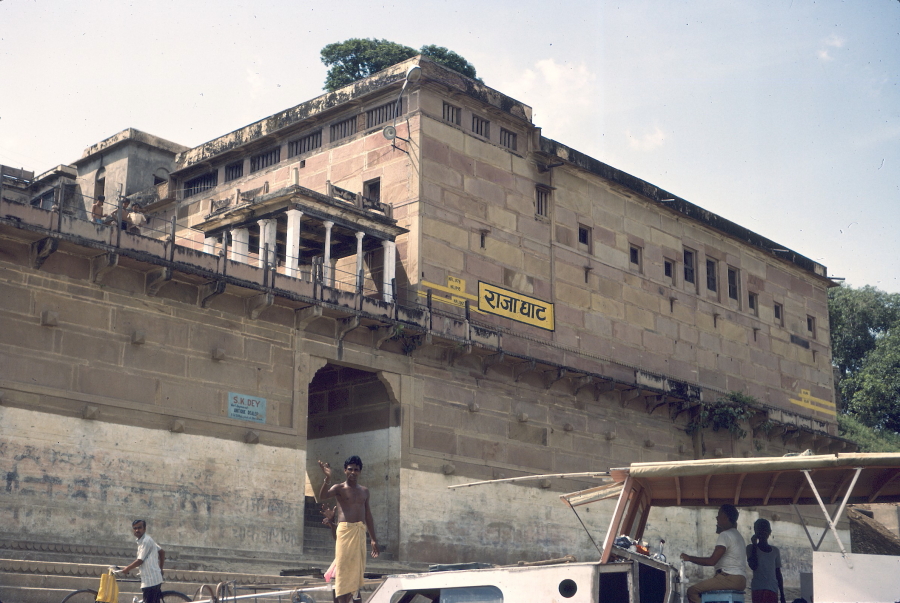 high flood marks painted on building along Ganges many metres above current water level