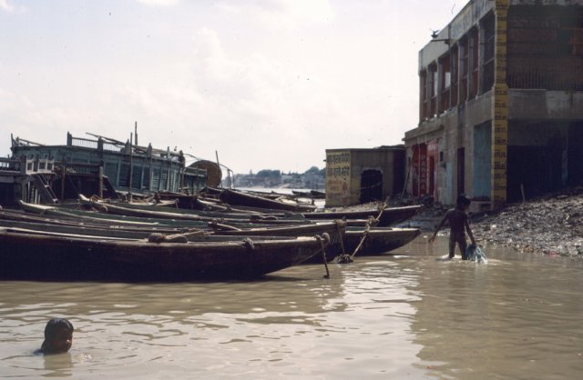 Boats moored at the edge of the Ganges in Varinassi