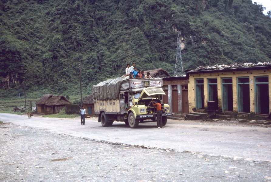 Lorry stopped, with bonnet up,  on the road from Raxaul to Kathmandu 