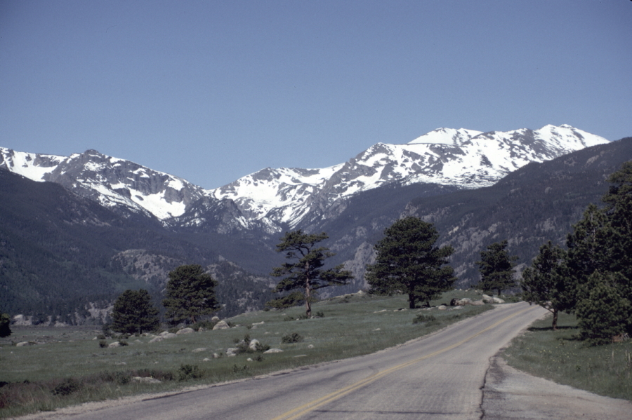 Arriving at the Rockies - snow capped mountains in background