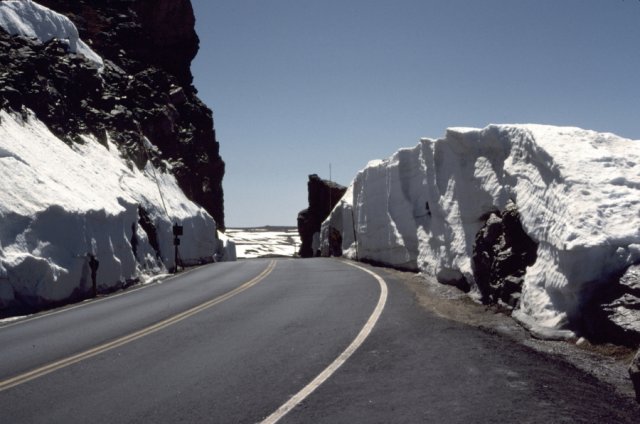 Snow drifts piled high on each side of the Trail Ridge Road