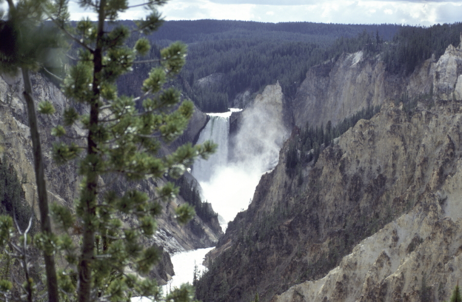 Waterfall on river through the Yellowstone canyon
