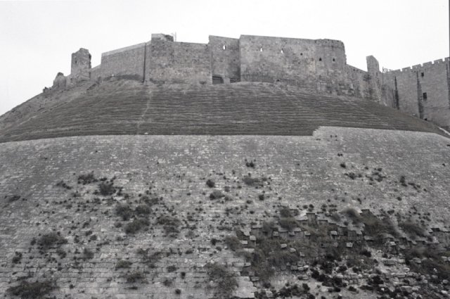 Looking up the steep slope to the Aleppo citadel